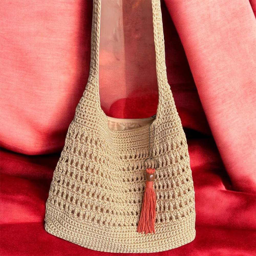 The Sak Sequoia Crochet Strap Hobo, Single Should Strap, Bamboo Cream W/ Tassle - Picture 3 of 9